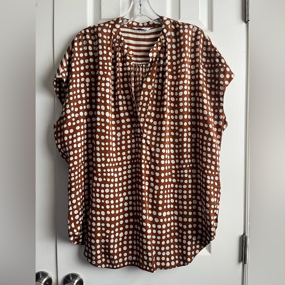 Loro Piana 100% Polka Dot Blouse Rust White Made in Italy Size IT48 | US12 |XL